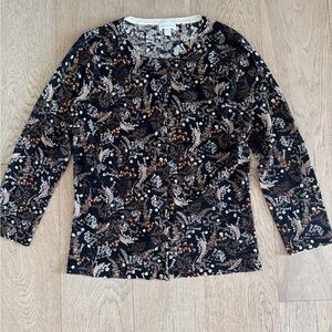 Garnet Hill 100% Merino Wool Cardigan Sweater Floral Black Small